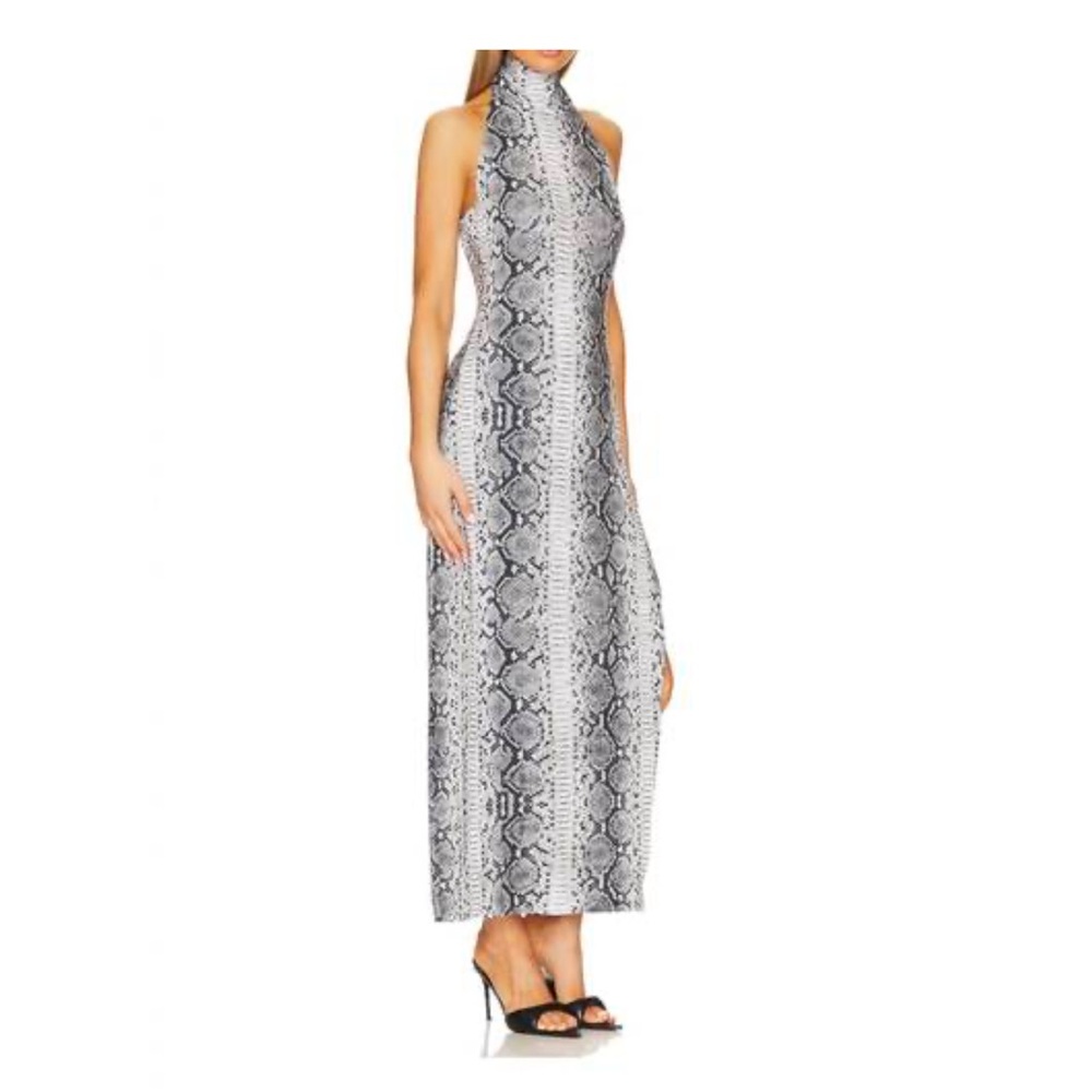 HALTER TURTLE SIDE SLIT GOWN - Black/White Python / XXS